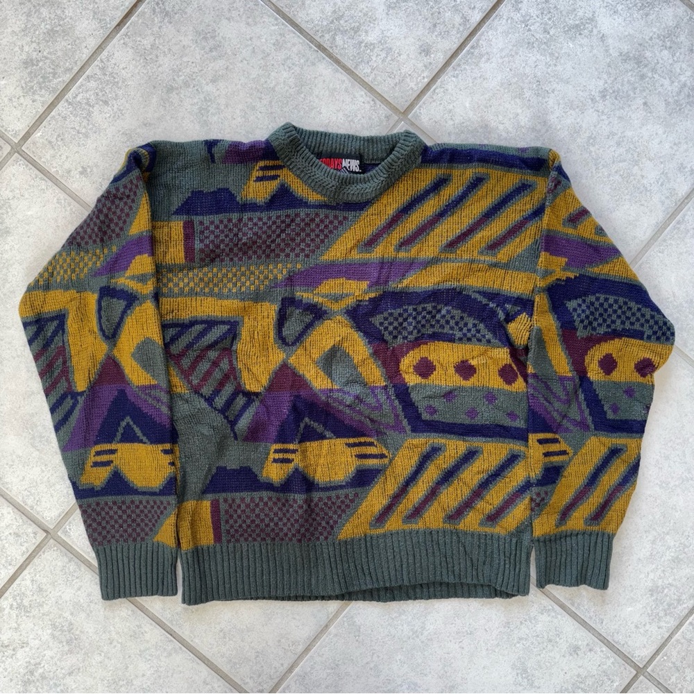 Vintage 90s Todays News Acrylic Knit Sweater Retro Abstract  Knit Multicolor
